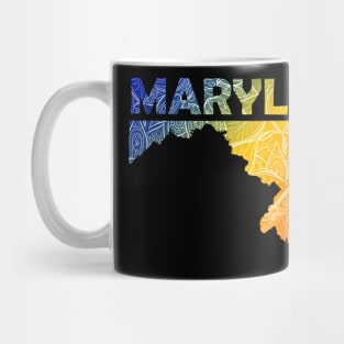 Colorful mandala art map of Maryland with text in blue, yellow, and red Mug